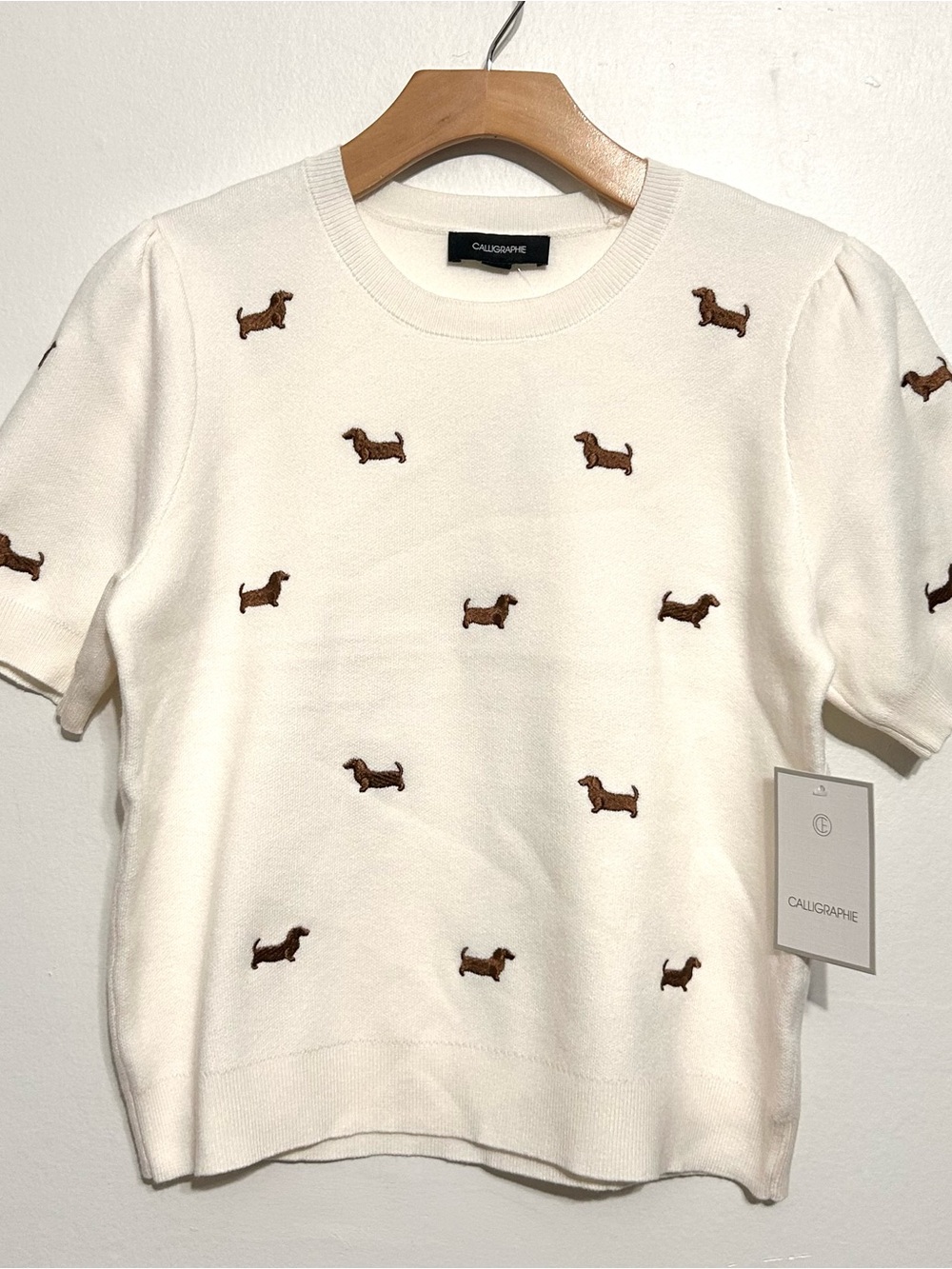 Anthropologie Cream Beige Dog Dachshund Sweater Puff Sleeve preppy old money NWT - Picture 12 of 12